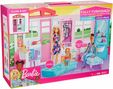 Barbie Casa portabila cu bucatarie dormitor baie si piscina